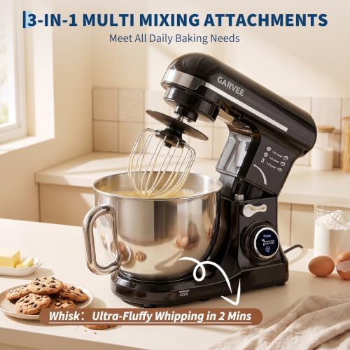 Garvee 5.3 QT Tilt-Head Stand Mixer, 500W Motor, 8-Speed Electric Kitchen Mixer with Stainless Steel Bowl, Dough Hook, Flat Beater & Wire Whisk for Bread Dough, Cake, Cookies & Pizza, Black
