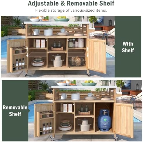 Merax 50" Outdoor Kitchen Grill Cart Island on Wheels with Stainless Steel Top,Farmhouse Style Solid Wood Frame Storage Cabinet for Patio