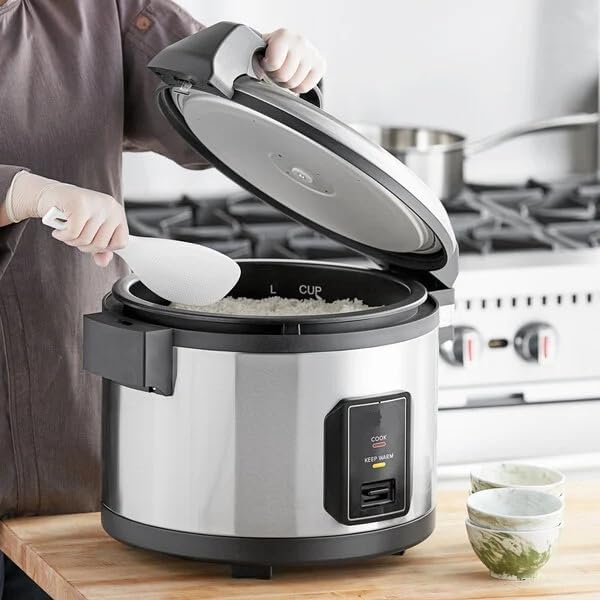 Commercial Rice Cooker and Warmer, 60 Cup Capacity, Stainless Steel, Electric 1550W, Hinged Lid, Non-Stick Pot, 18x15.5x15.4 Inches, Silver