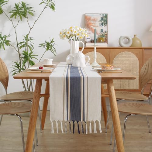 Niviy Blue Table Runner 72 Inches Long with Tassels, Summer Blue Decor Washable Embroidered Striped Braided Boho Table Runners for Wedding Bridal Baby Shower Decoration 12 x 72 Inches