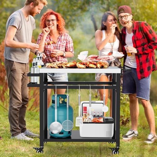 32" Double-Shelf Grill Table, Movable Grill Cart for Ninja