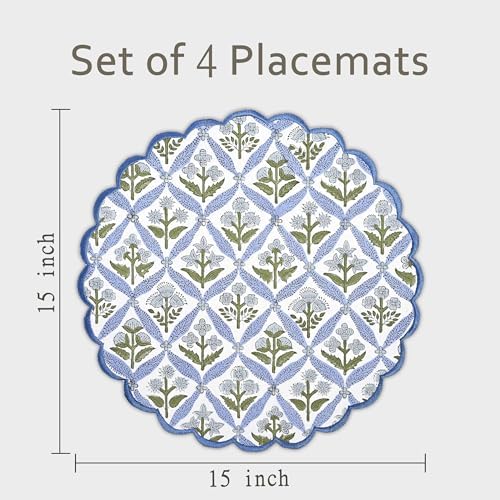 Ridhi Floral Block Print Round Placemats 15 in, Set of 8, Light Steel Blue