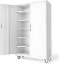 VINGLI Large Metal Storage Cabinet with 2 Doors and 5 Adjustable Shelves, Upgraded Height & Wide & Deep, 43''W x 20''D x 72''H, Oversized Garage Storage Cabinet with Wheels and Locks (White)