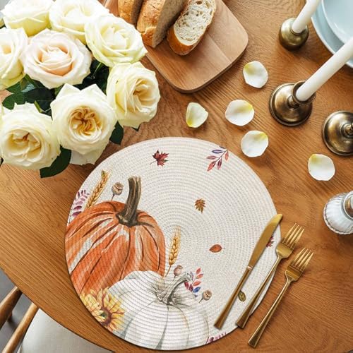 Fall Round Placemats for Dining Table Set of 6 Harvest Pumpkin Place Mats Circle Woven Placemat Maple Leaves Sunflower Wheat Braided Table Mat for Thanksgiving Kitchen Home Dinner Party Decor 15 Inch