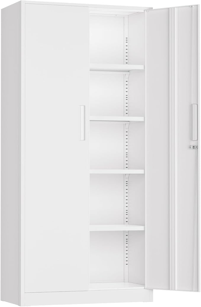 Oakmont Metal Storage Cabinet for Tool Organization, 72" Lockable Garage Storage Cabinets with 2 Doors and 4 Adjustable Shelves, Locking File Cabinet for Office, Home, School (72“ Standard-White)