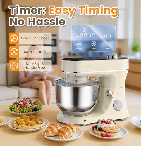 Stand Mixer 6QT Kitchen Mixer with LED Smart Touchscreen, 11-Speed Tilt-Head Mixer with Timer, 4 Preset Menus, Stainless Steel Bowl, Dough Hook, Whisk, Beater (White, 6Qt)