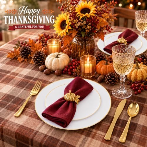 KIRE 175PCS Gold Plates Disposable - Heavy Duty White and Gold Plastic Plates Dinnerware Sets - 25 for Dinner 25 for Dessert 25 Pre Rolled Napkins and 25 Cups for Wedding/Party/Halloween/Thanksgiving