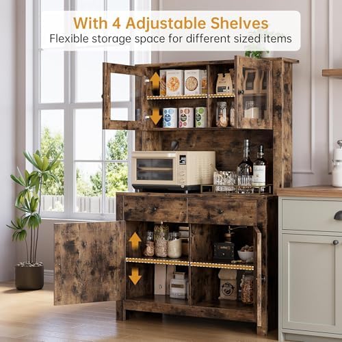 Jojoka 63" Tall Kitchen Pantry Hutch Cabinet with Drawers, Freestanding Storage Cabinet with Microwave Stand, Adjustable Shelves & Tempered Glass Doors for Dining Room Living Room,Brown