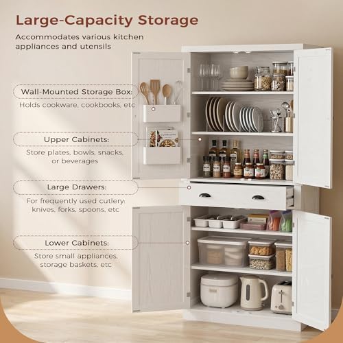 IRONCK 72.6" H Kitchen Pantry with Drawer & Adjustable Shelves, White
