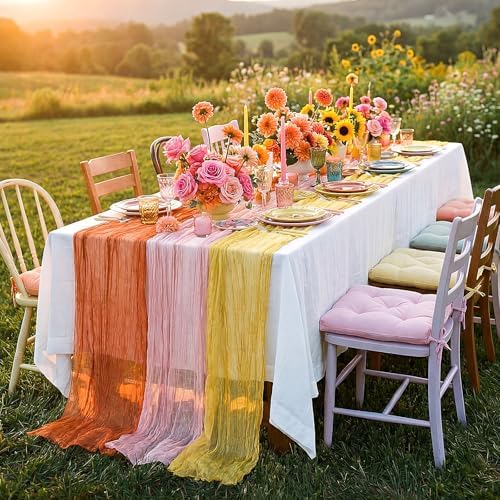 6 Pcs Fall Orange Yellow Pink Cheesecloth Table Runner 118" Gauze