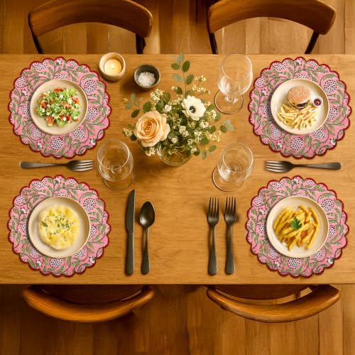 Ridhi Floral Block Print Round Placemats 15 Inch, Set of 4, Strawberry Pink
