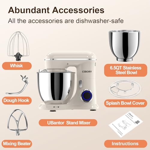 CEBORY 3-IN-1 Electric Stand Mixer, 6.5QT Bowl 660W 10-Speed Kitchen Mixer, Household Food Mixers include Dough Hook, Beater and Whisk, Bread Cake Mixer for Baking and Most Home Cooks, Almond Cream