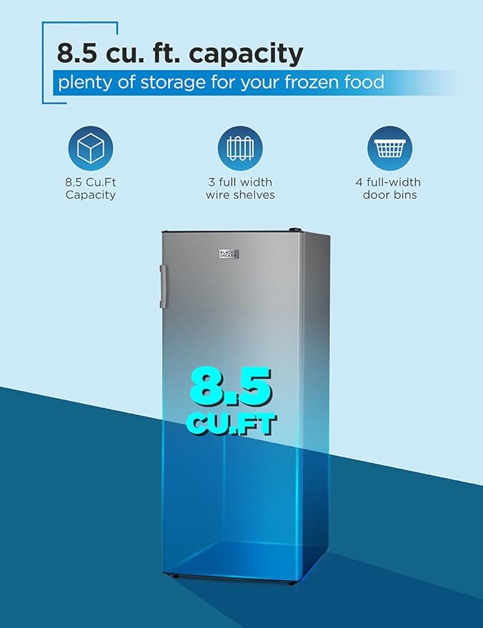 BLACK+DECKER 8.5 Cu. Ft. Upright Freezer, Stand Up Freezer with Mechanical Temperature Control,Freezer with 3 Shelves and 4 Door Bins, Manual Defrost,R600a Refrigerant, BUF850LS,Stainless Steel Look