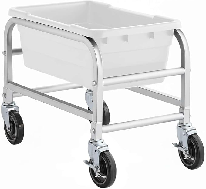 16"x26"x19" Mobile Aluminum Lug Rack with White Meat Lug Tote Box - NSF Heavy-Duty 1 Lug Capacity Food Storage Cart with 5" Swivel Casters, Freezer Safe, Commercial Cart for Seafood, Ingredients