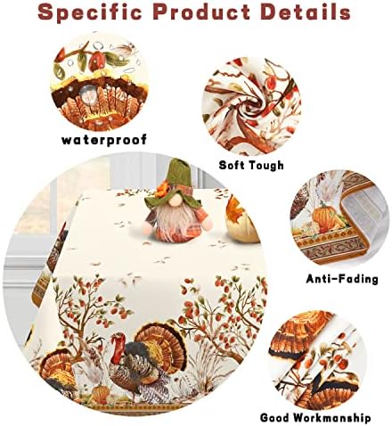 Fall Thanksgiving Double Border Decoration Tablecloth,Turkey & Pumpkin Harvest Tablecloths, Waterproof Table Cover for Dinner Kitchen Party Holiday Decorations, 60"x 84" Oblong/Rectangle