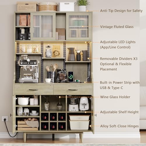 Einhomn 71" Kitchen Pantry Cabinet with UL Charging Station, 3 Adjustable Shelves, App-Dimmable LED Light, Wine Rack, Farmhouse Style, Buffet Cabinet for Kitchen/Dining/Living, Natural Wood