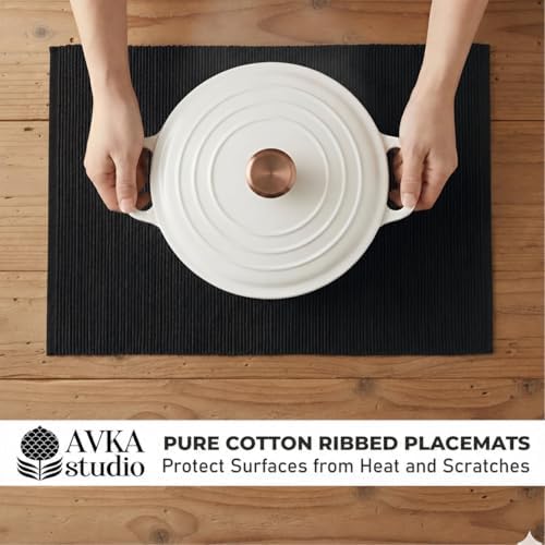 100% Cotton Ribbed Placemats - Set of 8-13 x 19 Inches - Black - Everyday Cloth Table Mats - Thick Construction, Washable & Reusable Cloth Place Mats - by AVKA Studio
