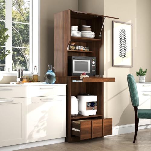 KEIKI 70.87" H Kitchen Pantry Storage Cabinet with Countertop, Glass Doors
