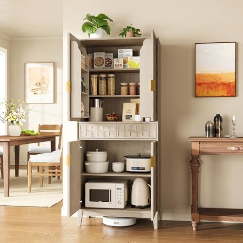 Pantry Cabinet, 71" Tall Pantry Cabinet,Modern Kitchen Cabinet with Doors, Drawers & Adjustable Shelves, Freestanding Food Pantry Cupboard with Side Rack for Kitchen Dining Room,Oak