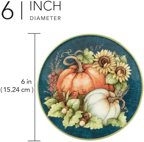 Autumn Breeze Set of 4 Earthenware Canape Plates – Delight guests with appetizers or desserts on these mini plates featuring charming autumn pumpkins and sunflowers 6"