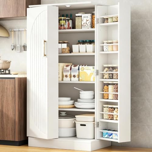 kepptory 47" Kitchen Pantry Storage Cabinet, Freestanding Tall Cabinet with Doors and Adjustable Shelves, Large Food Storage Organizer for Kitchen, Dining Room, Living Room, Farmhouse Cupboard, White