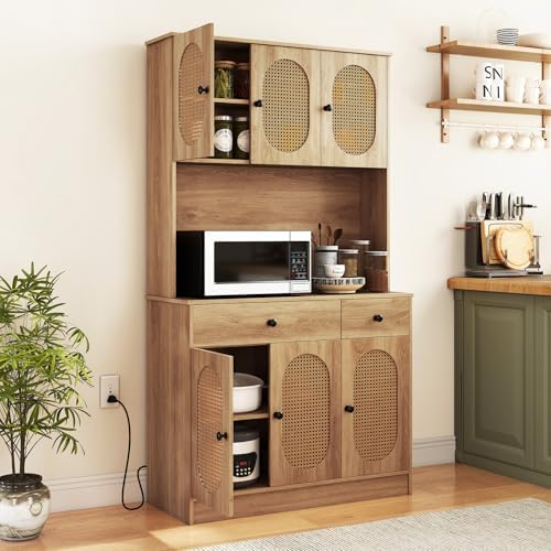 Giantex Kitchen Hutch, 71" Tall Boho Pantry Cabinet w/Charging Station, Microwave Countertop, 6 PE Rattan Door, 2 Drawer, 4 Adjustable Shelf, Freestanding Buffet Sideboard for Dining Room (Natural)