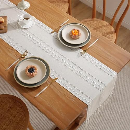 Niviy White Table Runners 90 Inches Long with Tassels, Ivory Embroidered Table Runner Farmhouse Rustic Linen Runners for Dresser Scarf Home Decor (White, 12"×90")