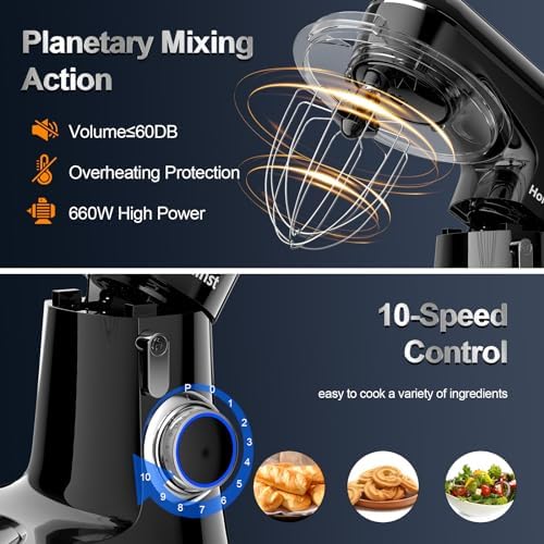 Honinst Stand Mixer, 6.5QT 10-Speed Tilt-Head 3-IN-1 Electric Food Mixer