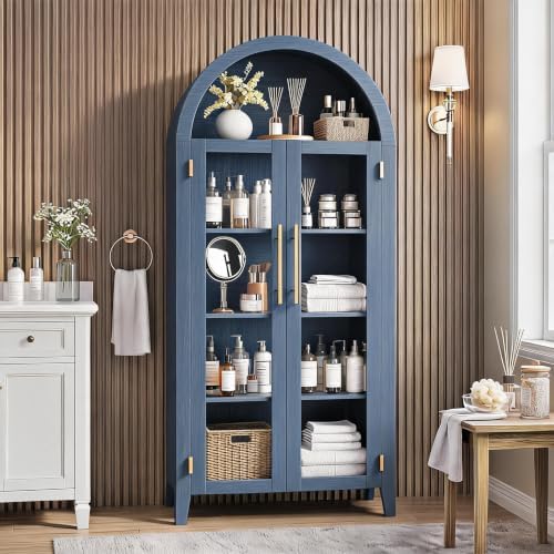 Garvee Arched Cabinet with Glass Doors, 5-Tier Kitchen Pantry Cabinet with Adjustable Shelves, Farmhouse Display Storage Cabinet for Dining Room, Living Room, Blue