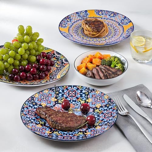 8.5 Inch Ceramic Dinner Plates Set of 6, Bohemian Appetizer Dessert Plates, Microwave Oven Dishwasher Safe, Hand Painted Artisan Design, Gift for Housewarming Thanksgiving