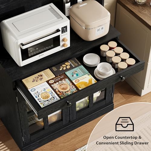 IDEAHOUSE 72" Kitchen Pantry Cabinet with Glass Doors & Drawer, Black