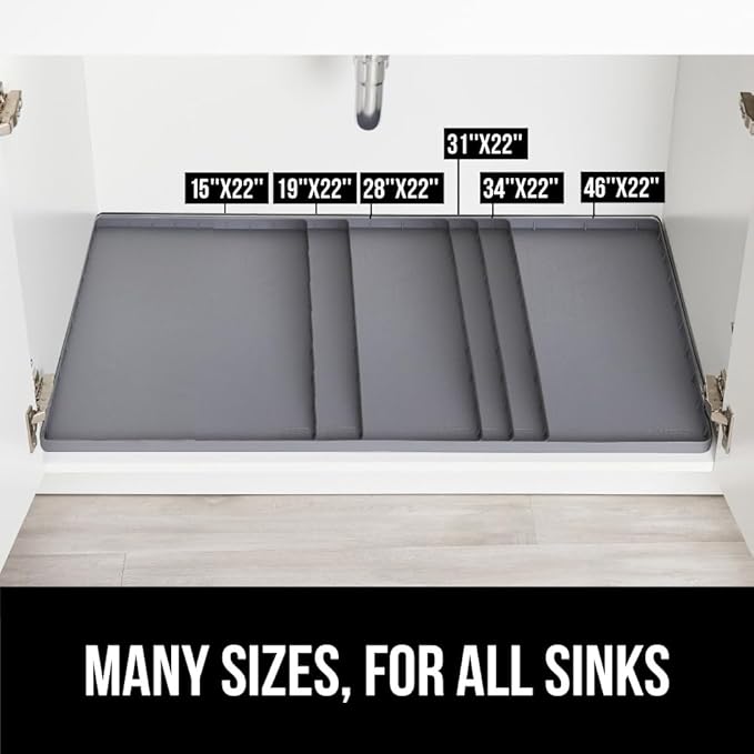 GORILLA GRIP Waterproof Silicone Under Sink Mat with Raised Lip for Kitchen and Bathroom, 34 x 22 in, Cabinet Shelf Liner Stay in Place Mats Dishwasher Safe Drawer Liner, Organizer Tray, Gray