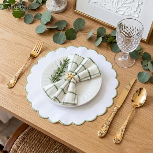 Set of 24 White Cotton Placemats 15" Round Scalloped Green