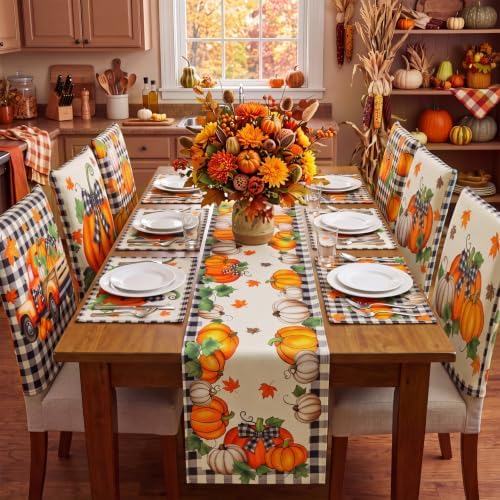 Newtay 13 Pcs Fall Pumpkin Table Runner Placemat and Dining Chair Cover Set