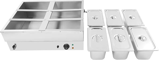 6-Pan Countertop Food Warmer Electric Steam Table for Buffet Commercial Stainless Steel Buffet Steam with 6 Stainless Steel Covers 110V 850W 6.7L Large Capacity (6 Pan/6.7L)