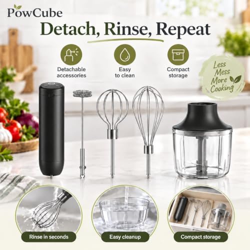 Cordless Hand Mixer, 4-in-1 Handheld Electric Mixer with Electric Whisk Frother & 10 oz Mini Food Chopper, USB-C Rechargeable 4-Speed Hand Mixer for Eggs, Cream, Coffee & Small-Batch Prep