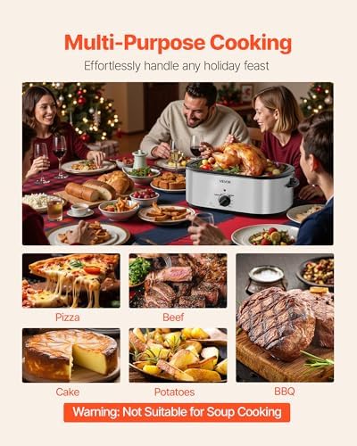 VEVOR Roaster Oven, 24QT Electric Turkey Roaster Oven, 150-450℉ Adjustable Temperature Electric Roasting Pan with 3 Bin Buffet Server, Self-Basting Lid, Defrost & Warm Function, Self-Basting Lid