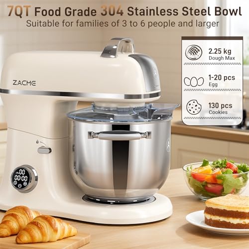 ZACME 7 Quart Stand Mixer Aluminum Die Casting, 650W 12 Speed Tilt-Head Kitchen Electric Stand Mixer, Household Food Mixer with Stainless Steel Bowl, Dough Hook, Whisk and Beater-Cream