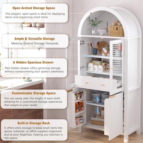 KEIKI 71" Tall Arched Kitchen Pantry Cabinet with Glass Door,Hidden Drawer,Farmhouse Storage with Adjustable Shelves Design for Kitchen,Living & Dining Room