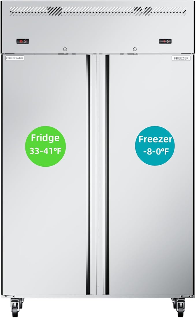 48"W 2 Door Commercial Refrigerator and Freezer Combo 38 Cu.ft Freezer for Restaurant, Bar, Shop Upright, Stainless Steel Reach-in, ETL and DOE Approved