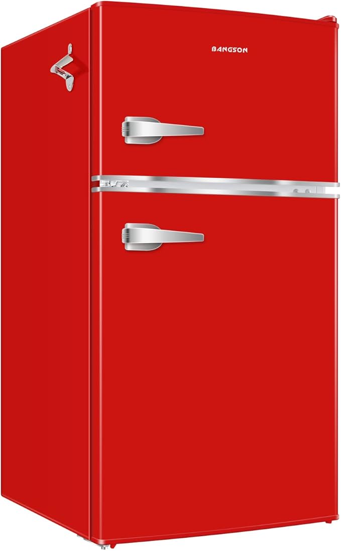 BANGSON Mini Fridge with Freezer, 3.2 CU.FT Small Refrigerator with Freezer, Door Handle, Bottle Opener, For Bedroom, Dorm, Office, Home, Garage or RV, R-600a, Red
