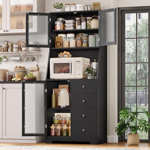 BOTLOG 64'' Kitchen Pantry Storage Cabinet, Tall Kitchen Storage Cabinet with Microwave Stand, Hutch Cabinet with Adjustable Shelves, for Dining Room, Black