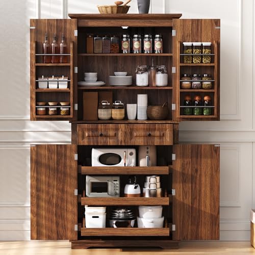 Merax Tall Kitchen Pantry Cabinet with Pull Out Shelves, Brown