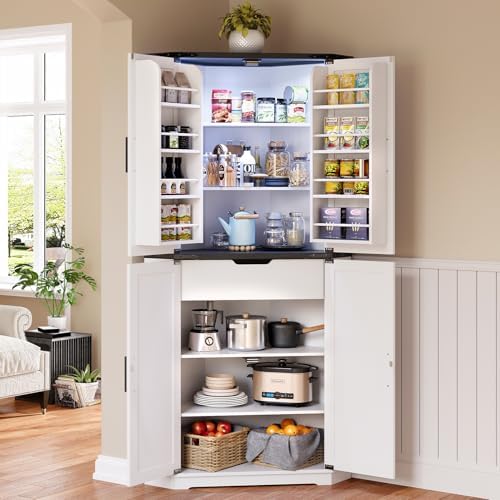 Dripex 71" Tall Corner Pantry Cabinet White, Farmhouse Tall Storage Cabinet with Doors, Adjustable Shelves & LED Light, Kitchen Food Cabinet for Living/Dining Room