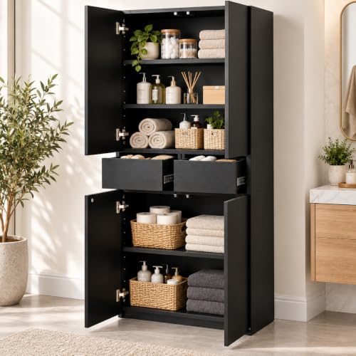 67-Inch Multi-Functional Kitchen Pantry Cabinet with 4 Doors, 3 Adjustable Shelves, 2 Cabinets with 1 Drawer – Elegant Freestanding Farmhouse Storage for Kitchen, Dining and Living Room (Black)