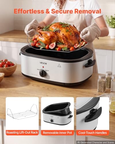 VEVOR Electric Roaster Oven, 18 Qt, Turkey Roasting Pan, White, Metal Lid