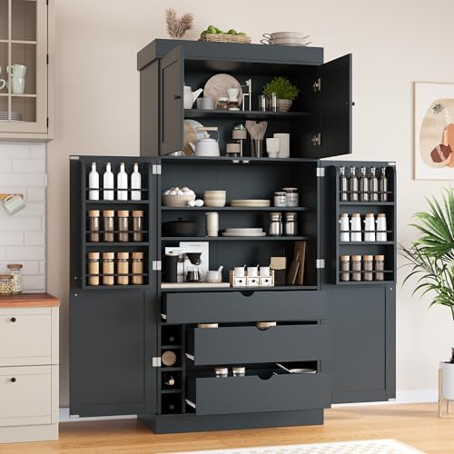 Merax 77''Tall Freestanding Kitchen Pantry,Farmhouse Tall Storage Cabinet with 2 Standard Plugs and 2 USB Ports,Wood Food Pantry with Adjustable Shelves,Door Shelves, Drawers and Wine Racks,Grey