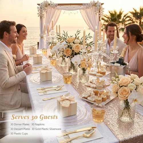 KIRE 210Pcs Clear Plastic Plates with Gold Rim for Wedding/Party