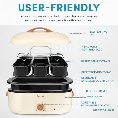 AROMA® 18Qt. Roaster Oven with Buffet Server, Fits 22-lb. Turkey, Adjustable Temperature Settings, Keep Warm Setting, Oatmeal (ART-858OT)