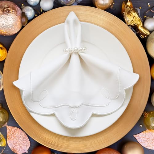 16.5 Inch Ribbon Twirl Embroidery Round Placemats Set of 4, Scalloped Round Table Mats for Party Kitchen Dining Decoration, White